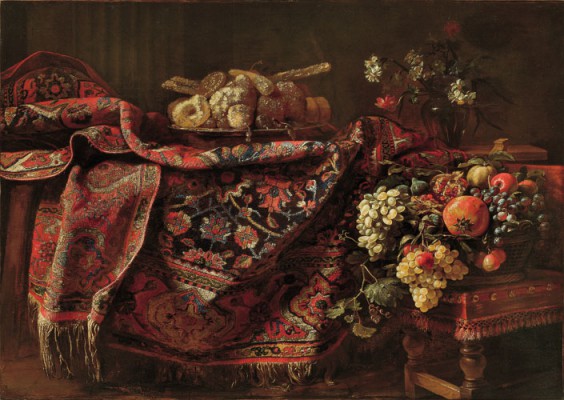 Francesco Noletti, known as Il Maltese Still-life with Carpet, Candied Fruit, Flowers and a Basket of Fruit - c. 1650 oil on canvas